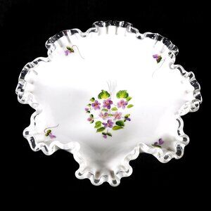 White Footed Glass Compote with Hand Painted Violets # 26229